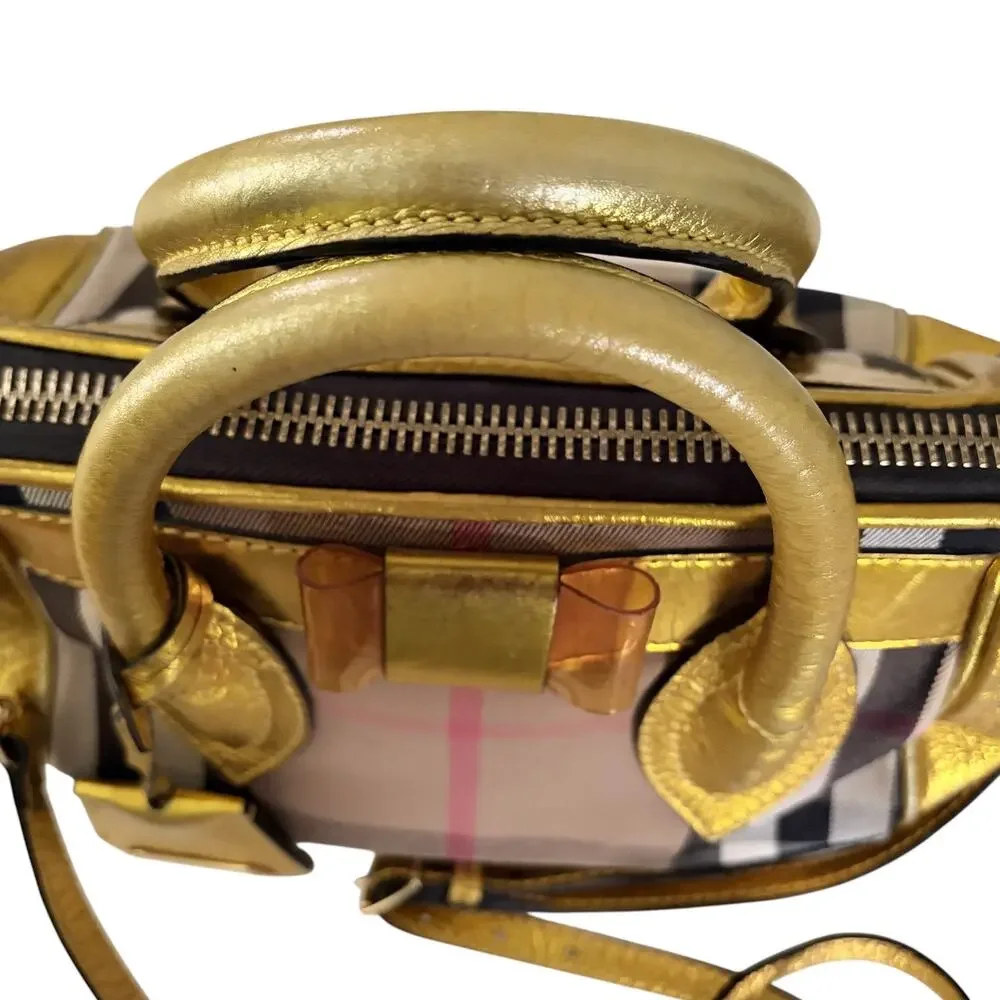 Burberry Prorsum Metallic Gold House Check Leather Bowling Bag w/ Lock & Key COA